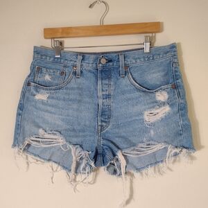 Levi's Light Wash Rigid Denim Distressed High Rise Cut Off 501 Jean Shorts